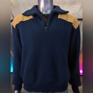 SeaGear Quarter Zip Sweater M Navy/Tan Wool Knit Vintage, Nylon Lined